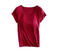 Damen Tshirt mit integriertem BH Große Größen Rundhals Eingebauter BH Bügelloser Gepolstert Oberteile Elegant Einfarbig Kurzarm Sport Shirts Loose Fit Bluse Summer Shirt Tops(C Wein,M)