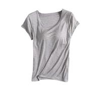 Damen Tshirt mit integriertem BH Große Größen Rundhals Eingebauter BH Bügelloser Gepolstert Oberteile Elegant Einfarbig Kurzarm Sport Shirts Loose Fit Bluse Summer Shirt Tops(A Grau,XL)
