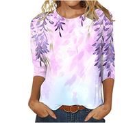 Damen Tshirt Mode 3/4 Ärmel Bluse Rundhals Oberteile Blumendruck Tunika Tops Sommer Shirt Dünne Pullover Teenager Mädchen T-Shirt LongtopsFreizeit T Shirts Blusentops Sportshirt für Outdoor