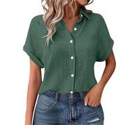 Damen Tshirt, Musselin Bluse Damen Shirts Bluse Elegant Tunics Sommer Tshirt Kurzarm Leinen Knopf Bluse Lange Oversized T-Shirt Casual für Legging, dunkelgrün M