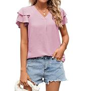 Damen Tshirt Sommer Bluse Mode Einfarbig Oberteile Kurzarm T-Shirt V-Ausschnitt Pullover Lose Bequeme Tee Tops Basic Shirt All Match Pulli Tunika T-Shirts Slim Fit Blusentops Sportshirt für Outdoor