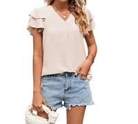 Damen Tshirt Sommer Bluse Mode Einfarbig Oberteile Kurzarm T-Shirt V-Ausschnitt Pullover Lose Bequeme Tee Tops Basic Shirt All Match Pulli Tunika T-Shirts Slim Fit Blusentops Sportshirt für Outdoor