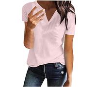 Damen Tshirt Sommer Bluse Retro Einfarbig Oberteile V-Ausschnitt Kurzarm T-Shirt Pullover Lose Bequeme Tee Tops Teenager Mädchen Pulli Tunika Shirt T-Shirts Slim Fit Blusentops Laufshirt für Frauen
