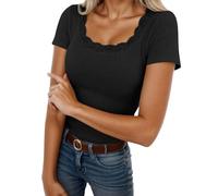 Damen Tshirt V Ausschnitt Spitze Kurzärmeliges Eng Rippshirt Stretch Oberteile Elegant Basic Shirt Tops Kurzarm Basic Tunika Elegant Shirts Sommer T-Shirt Geripptem Kragen Gerippt Oberteil (Black, L)