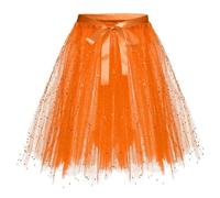 Damen Tüllrock Midi Glitzer Mesh Petticoat Puffy Tüll Rock A-Linie Tutu Elastisch Bund Midirock Dehnbaren Ballettrock Einfarbig Karneval Unterrock Leicht Tanzkleid Orange L