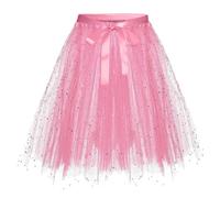 Damen Tüllrock Midi Glitzer Mesh Petticoat Puffy Tüll Rock A-Linie Tutu Elastisch Bund Midirock Dehnbaren Ballettrock Einfarbig Karneval Unterrock Leicht Tanzkleid Rosa L