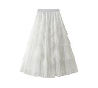 Damen Tüllrock Midi Länge Tüll A Linie Rock Elegant Faltenrock Hoher Bund Plissee Maxi Swing Rock Lange Tutu Flowy Tüllrock Faschingsrock Ballettkleidung, für Festliches, Hochzeit, (White, One Size)