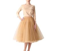 Damen Tüllrock Tutu Unterrock Kurz Retro Petticoat für Karneval Rockabily Klied Knielang Hohe Taille A-Linie Midi Rock,Champagner,XL