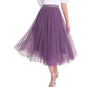 Damen Tüllröcke Midi Elastisch Hohe Taille Plissee Mesh Flowy A-Linie Party Lange Tutu Röcke, Violett (1), Groß