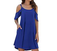 Damen Tunika, kurzärmelig, schulterfrei, leger, Sommerkleid, florales fließendes Kleid, Swing-T-Shirt, lockeres Kleid mit Tasche, Blau 1, XXL