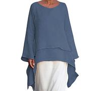 Damen-Tunika, langärmelig, Rundhalsausschnitt, einfarbig, geteilte Seiten, einfarbig, elegant, Sommer, langes Oberteil, locker, Baggy-T-Shirt, Bluse, Arbeit, Büro, elegant, 2 Blau, L
