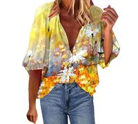 Damen-Tunika, Sommer, lässig, V-Ausschnitt, Knopfleiste, fließend, gestreift, bedruckt, langärmelig, modisch, große Größe, Revers, gelb, XXX-Large