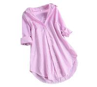 Damen Tunika Sommer Longbluse Langarmshirt Hemdbluse Blau-Weiß Gestreifte Oversized Lang Longshirt Sommer Frühjahr Mit Knöpfen Tunika Hemd Oberteile Tops V-Ausschnitt Mode Streifenbluse
