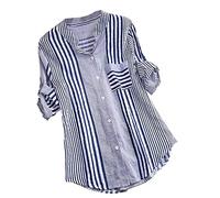 Damen Tunika Sommer Longbluse Langarmshirt Hemdbluse Blau-Weiß Gestreifte Oversized Lang Longshirt Sommer Frühjahr Mit Knöpfen Tunika Hemd Oberteile Tops V-Ausschnitt Mode Streifenbluse