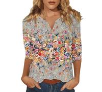 Damen-Tunika, Valentinstag, 2025, lässig, Blumendruck, 3/4-Ärmel, gekerbter V-Ausschnitt, T-Shirts, leicht, lässig, niedlich, Dreiviertel-Länge, Blusen, Damen-Pulloverkleid, grau, XL