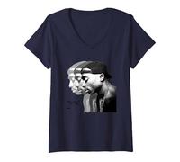 Damen Tupac Repeat T-Shirt mit V-Ausschnitt, Marineblau, L