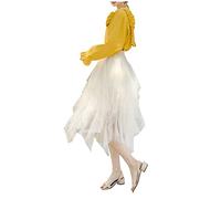 Damen Tutu Rock Tüll Mesh Lagenrock Hoch Niedrig Asymmetrisch Midi Teelänge Elastische Hohe Taille Tutu Röcke Einfarbiger kurzer Rock hoher Taille elastischer unregelmäßiger (04-White, One Size)