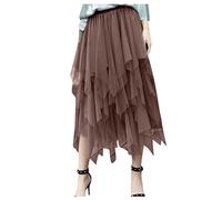 Damen Tutu Rock Tüll Mesh Lagenrock Hoch Niedrig Asymmetrisch Midi Teelänge Elastische Hohe Taille Tutu Röcke Einfarbiger kurzer Rock hoher Taille elastischer unregelmäßiger (02-Bronze, One Size)
