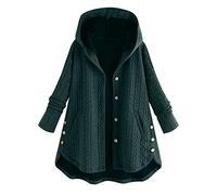 Damen Übergangsjacke - Mantel für Damen, große Größe, gefüttert, Fleece, einfarbig, seitliche Knöpfe mit Kapuze, Wintermantel, Jacke, Oberbekleidung, mit Knopf, Nerzmantel, grün, 52