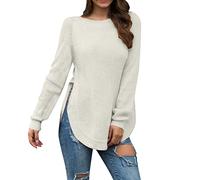 Damen Übergröße Strickpullover Seitlichem Schlitz Saum Rundhals Ausschnitt Strickoberteil Lockeres Casual Pullover Lang Elastisch Sweater Feinstrickpullover Damen