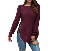 Damen Übergröße Strickpullover Seitlichem Schlitz Saum Rundhals Ausschnitt Strickoberteil Lockeres Casual Pullover Lang Elastisch Sweater Feinstrickpullover Damen