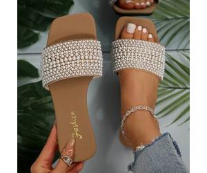 Damen Übergrößen Braune Kunstperlen verzierte Flache Sandalen, 5 Größen Verlaufende Luxus Kunstperlen Design, Sommer Casual Bequeme Rutschfeste Pantof