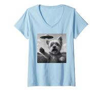Damen UFO-Yorkshire-Terrier-Selfie mit lustigem T-Shirt mit V-Ausschnitt