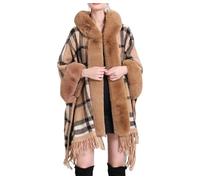Damen Umhang Poncho mit Kapuze,Kunstpelz,warmer,mit Fleece gefütterter Weihnachts Poncho Umhang,Schal,karierter Quastenpullover,Schalwickel,Strickjacken mit offener Vorderseite, Deckenmantel für F