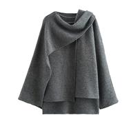 Damen-Umhang-Stil, Rundhalsausschnitt, kurzer Strickmantel, elegant, lässig, asymmetrisch, lockere Passform, Poncho, Cardigan, Pullover für Herbst und Winter, grau, S