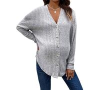 Damen Umstandsjacke Outwear - V-Ausschnitt Langarm Oversized Button Down Rippstrick Schwangerschaftspullover Weich Bequem Casual Front Button Top für Stillen Alltag, grau, 46