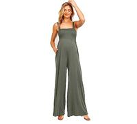 Damen Umstandsmode Ärmellos Jumpsuit Strampler mit gesmoktem Ausschnitt und Taschen, Grün , Large