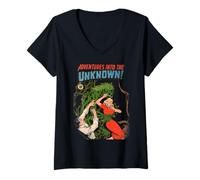 Damen Unbekannt Adventures Green Plant Monster Vintage Comic Book T-Shirt mit V-Ausschnitt