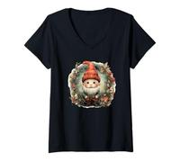 Damen Unique Christmas GNOME Graphic Women Retro Christmas Wreath T-Shirt mit V-Ausschnitt
