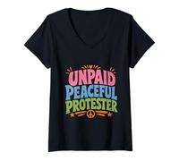 Damen UNPAID Peaceful Protester Bunte Typografie T-Shirt mit V-Ausschnitt