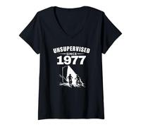Damen Unsupervised Since 1977 Retro 80s Kid Nostalgie Birthday T-Shirt mit V-Ausschnitt