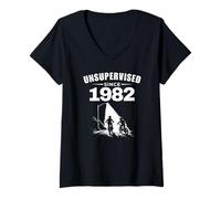 Damen Unsupervised Since 1982 Retro 70er 80er Jahre Kid Nostalgie Geburtstag T-Shirt mit V-Ausschnitt
