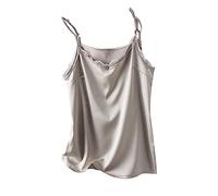 Damen Unterhemd - Elegante Sommer V-Ausschnitt Seide Frauen Sexy Spitze Bodenbildung Shirt Ärmellose Tops Satin Camisole Lose Lässige Büro Party Kleidung,Grau,XXL