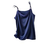 Damen Unterhemd - Elegante Sommer V-Ausschnitt Seide Frauen Sexy Spitze Bodenbildung Shirt Ärmellose Tops Satin Camisole Lose Lässige Büro Party Kleidung, Blau, M