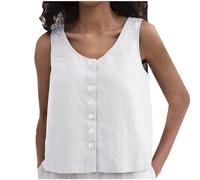 Damen Unterhemden Lockeres Unterhemd Aus Baumwolle Und Leinen Rundhalsausschnitt T-Shirt Mit Knopfleiste Tanktop Angenehm Atmungsaktiv Trägershirt Weich Bequem Träger Top Elegant Schick