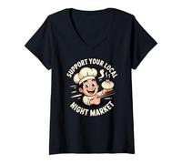 Damen Unterstützen Sie Ihren lokalen Nachtmarkt Street Food Liebhaber T-Shirt mit V-Ausschnitt