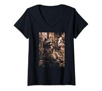 Damen Urban Raccoon City Night Vintage Tier T-Shirt mit V-Ausschnitt