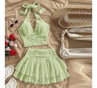 Damen Urlaubs Camisole Top mit Bindeband V-Ausschnitt und Mini Rock mit doppellagigem Rüschensaum, strukturierter Stoff, apricotfarbener Zweiteiler