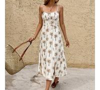 Damen Urlaubs Palmenmuster Ärmelloses Midi-Kleid, Modeartikel für den Sommer, geeignet für den täglichen Gebrauch und Strandkleidung, Sommerkleider fü