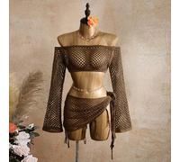 Damen Urlaubs-Set Einfarbig mit Off-Shoulder, ausgeschnittenem Langarm-Crop-Top und Rock