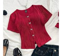 Damen Urlaubs-Strick Roter welliger Strukturierter Rundhals-Cardigan mit zarter Schleife, Metallknopf, passender Saum-Schlitz, geeignet für Party, Val
