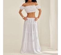 Damen Urlaubsstil Set, Off-Shoulder Rüschensaum Crop Top und Maxi Rock mit Tunnelzug Taillenbund und gestuftem Saum, Sommer