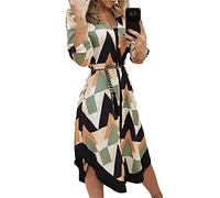 Damen V-Ausschnitt 3/4-Arm Abendkleid Tunika Locker Cocktailkleid Mit TaillengüRtel Einfarbig Partykleid Frauenkleid (XL,GrüN 1)