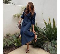 Damen V-Ausschnitt 3/4 Laternärmel Denim Midi Kleid Sommerkleider für Frauen