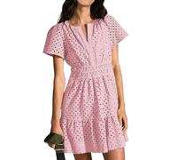 Damen V-Ausschnitt A-Linie Spitzen-Lace Aussparungen Kurzarm Mini Sommerkleid Raffungen Freizeitkleider Casual Stil Kurzarmkleid (Rosa,S)