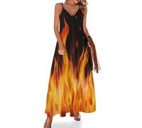Damen V-Ausschnitt Ärmellos Brennende Flamme Kleid, Sommer Casual Spaghetti Strap A-Linie Maxi Kleider, Strand Hochzeit Fließendes Abstrakt Funken Freizeitkleid Goldenes Gelb